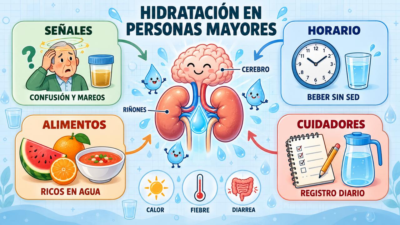 Cuatro pilares para prevenir la deshidratación: detectar señales, beber con horario, comer alimentos hidratantes y apoyo del cuidador.