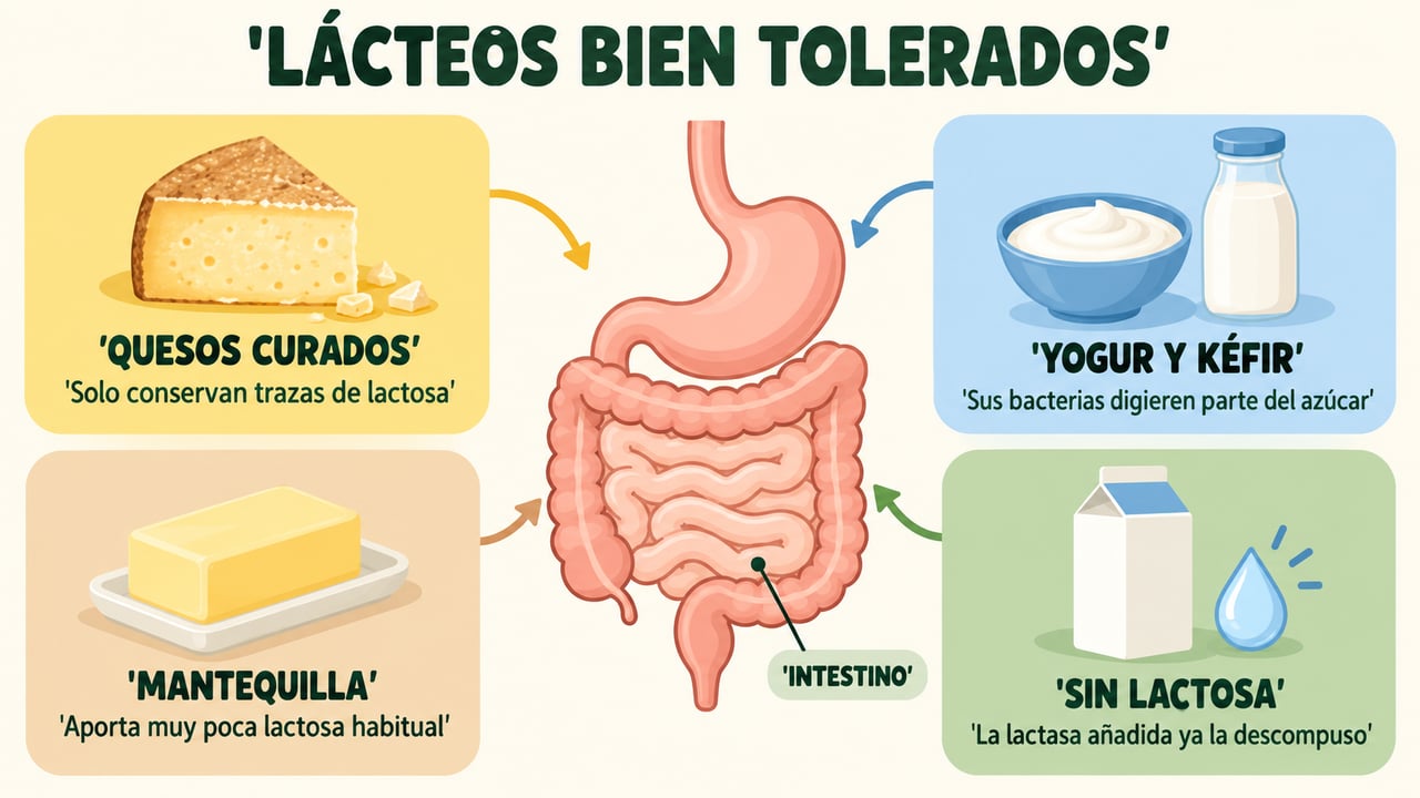 Quesos curados, yogur y kéfir, mantequilla y lácteos sin lactosa: los lácteos que el intestino acepta mejor.