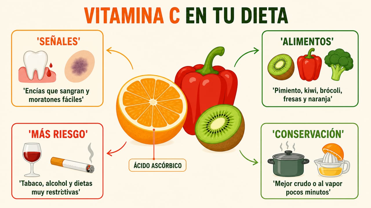 Señales de déficit, alimentos ricos, perfiles de riesgo y cómo conservar la vitamina C.