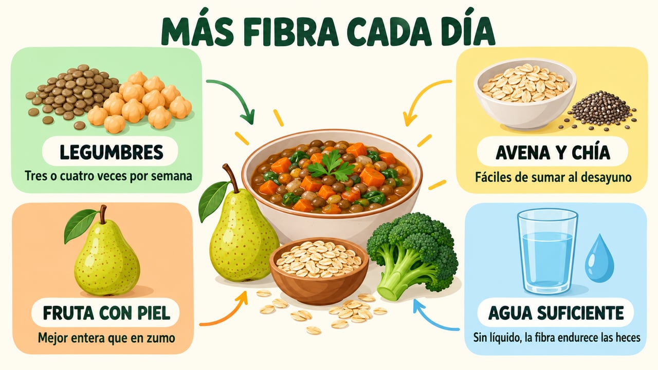 Legumbres, avena con chía, fruta con piel y agua suficiente ayudan a subir la fibra.