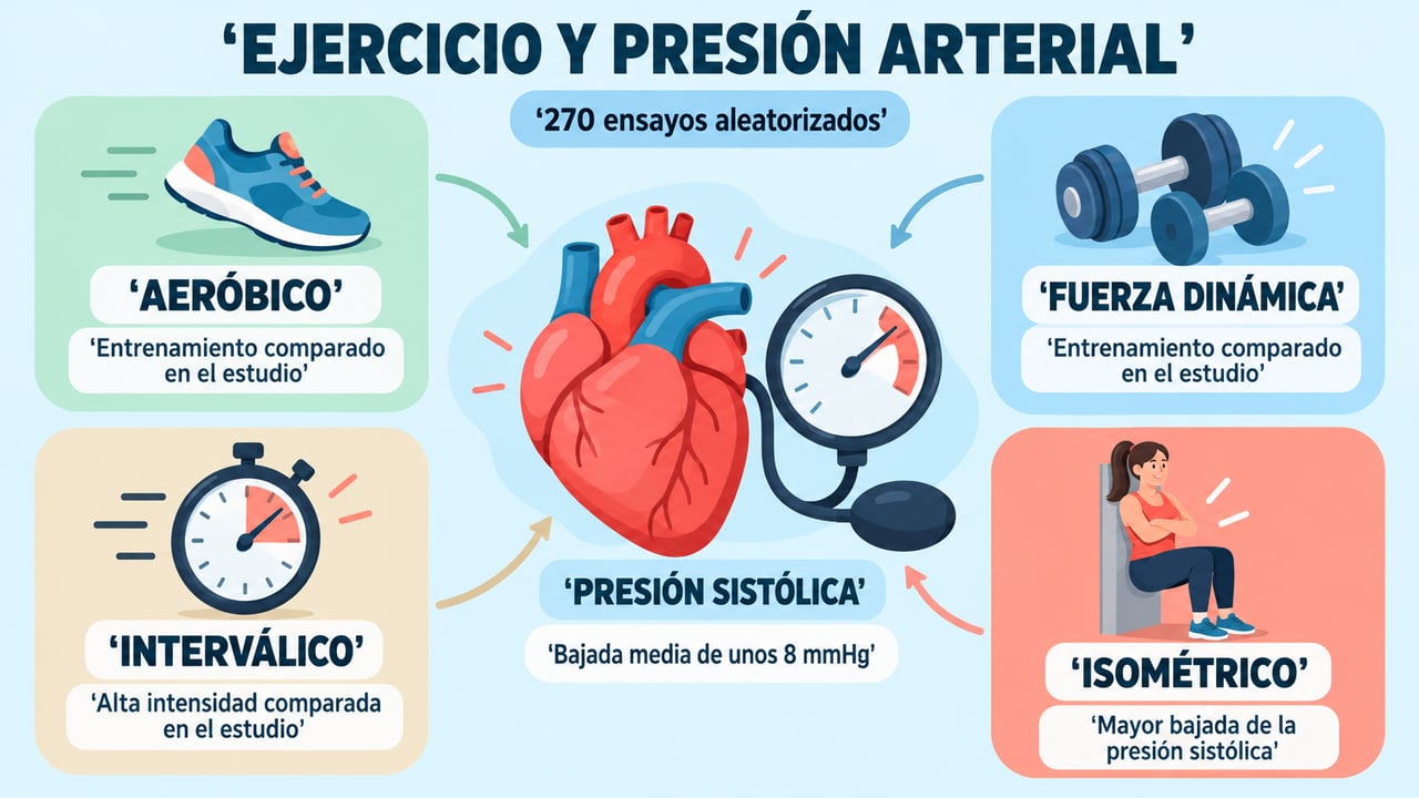 El isométrico superó al aeróbico, la fuerza dinámica y el interválico al bajar la presión sistólica.