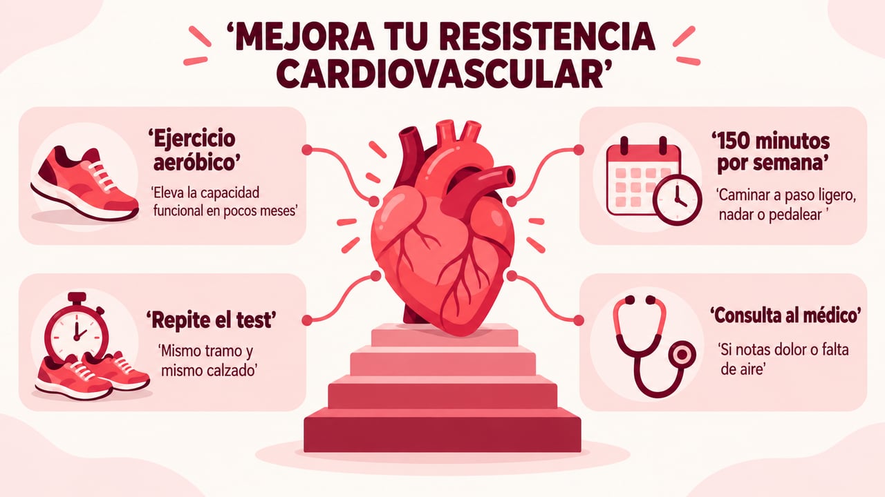 Ejercicio aeróbico, 150 minutos semanales, repetir el test y consultar al médico mejoran tu resistencia cardiovascular.