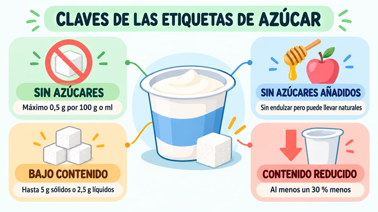 Requisitos de las cuatro declaraciones sobre azúcares: sin azúcares, sin añadidos, bajo contenido y reducido.