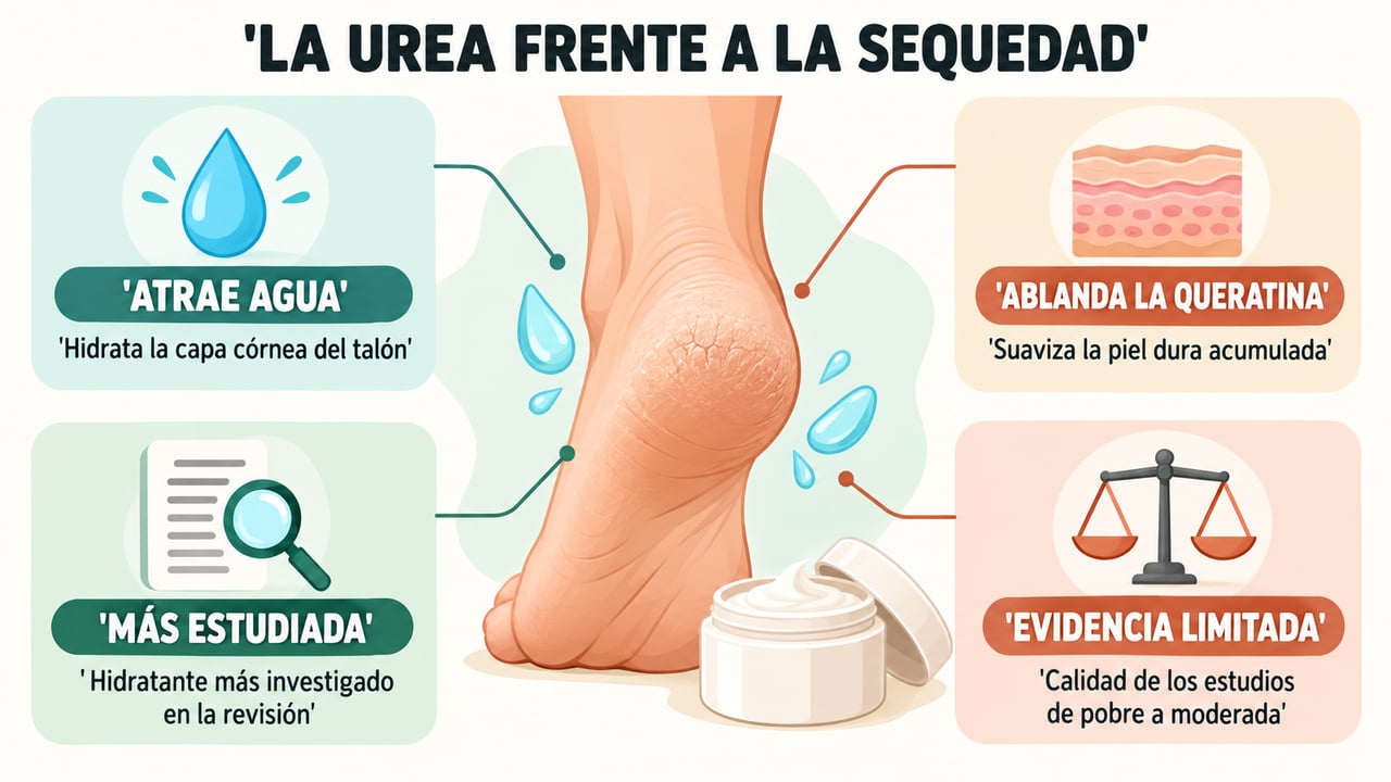 La urea atrae agua y ablanda la queratina, aunque la evidencia sigue siendo limitada.