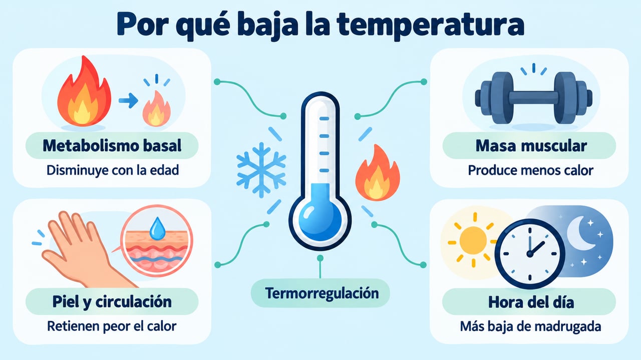 Menos metabolismo, piel que retiene peor el calor y ritmo del día explican la temperatura.