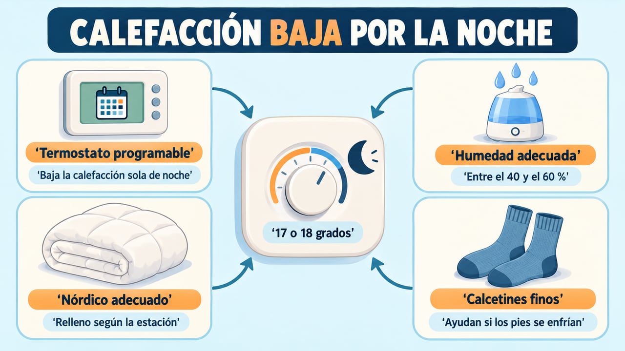 Termostato programable, humedad adecuada, nórdico apropiado y calcetines finos ayudan a mantener la calefacción baja por la noche.
