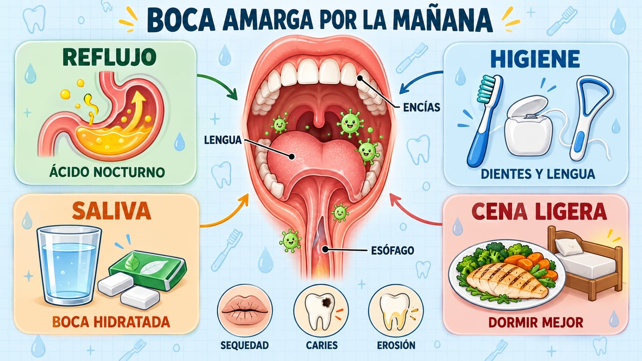 Reflujo, higiene oral, saliva y cena ligera: los cuatro frentes para evitar el amargor matinal.