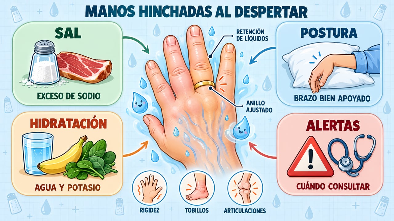 Sal, postura, hidratación y señales de alerta: los cuatro puntos clave ante unas manos hinchadas por la mañana.