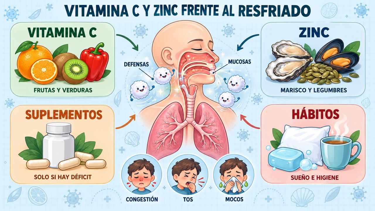 Vitamina C, zinc, suplementos con cautela y buenos hábitos: los cuatro pilares frente al resfriado.