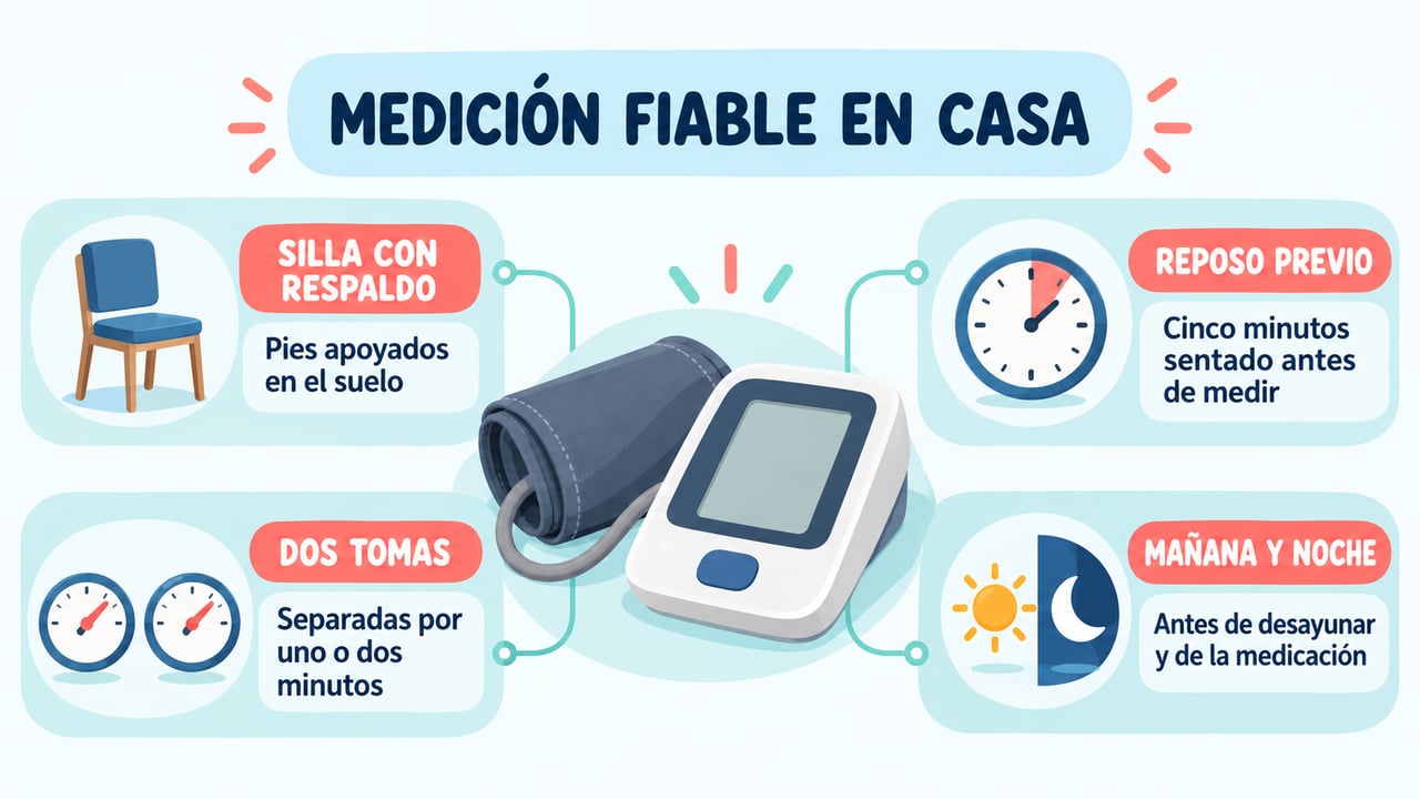 Silla con respaldo, cinco minutos de reposo, dos tomas y horarios fijos hacen fiable la medición.