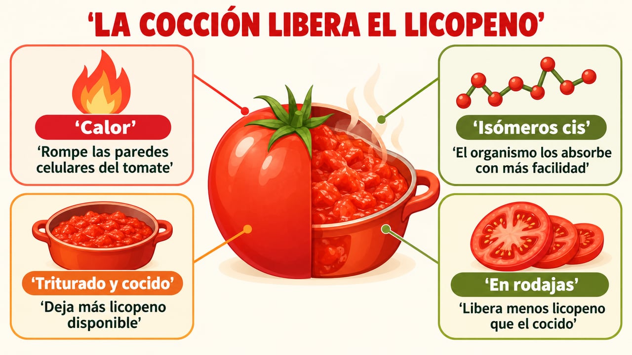 El calor rompe las paredes celulares y convierte el licopeno en isómeros cis más absorbibles.