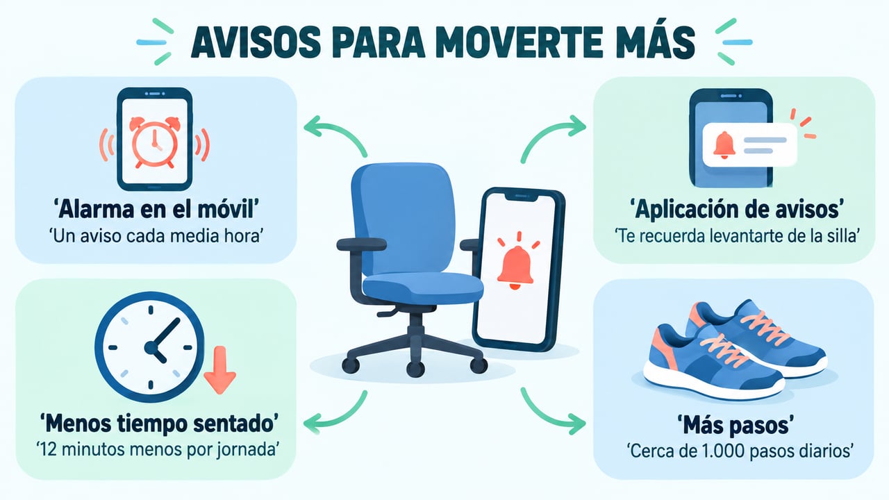 Alarmas y aplicaciones en el móvil recortan el tiempo sentado y suman pasos cada día.
