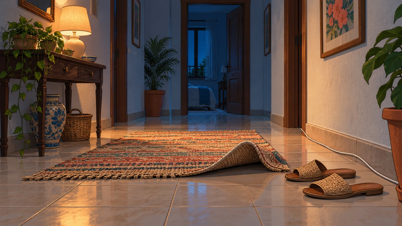 Alfombras sueltas, cables, chanclas y poca luz en el pasillo aumentan el riesgo de tropezar.