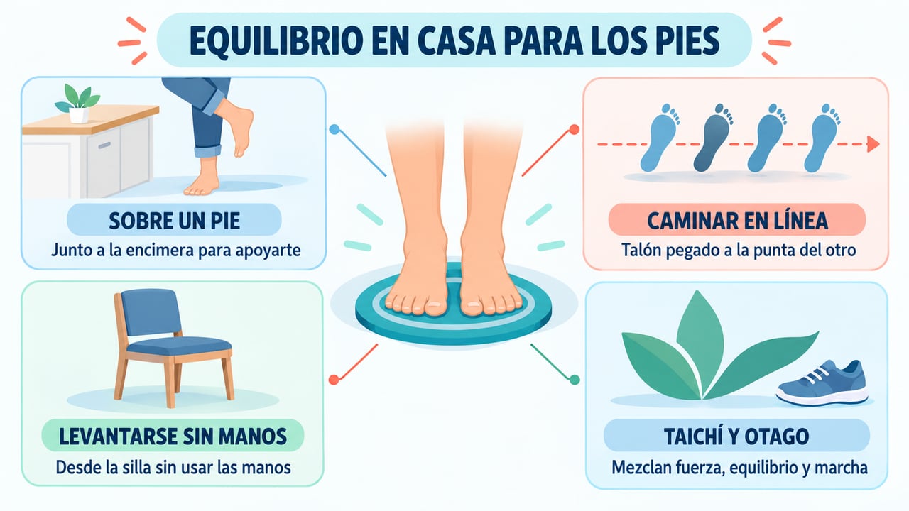 Equilibrio sobre un pie, marcha en línea, levantarse sin manos y taichí o Otago.