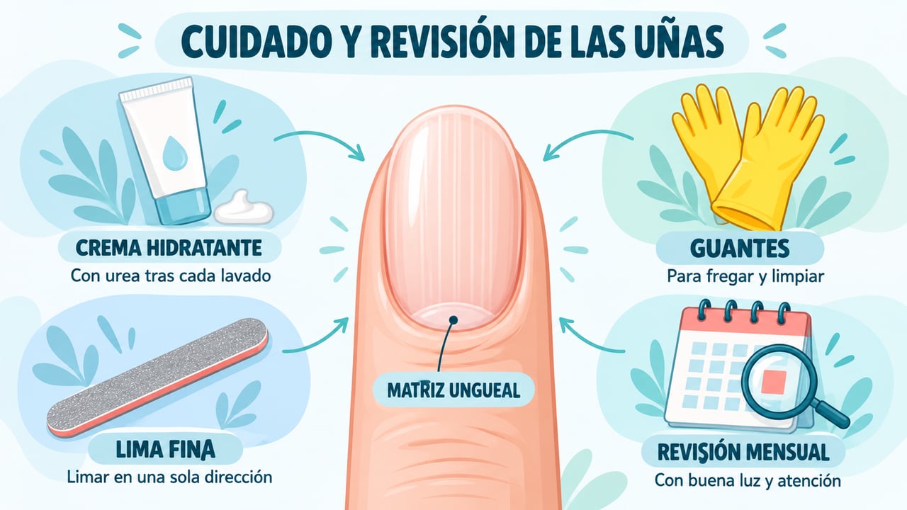 Hidratar, proteger con guantes, limar con suavidad y revisar las uñas cada mes cuida la lámina.