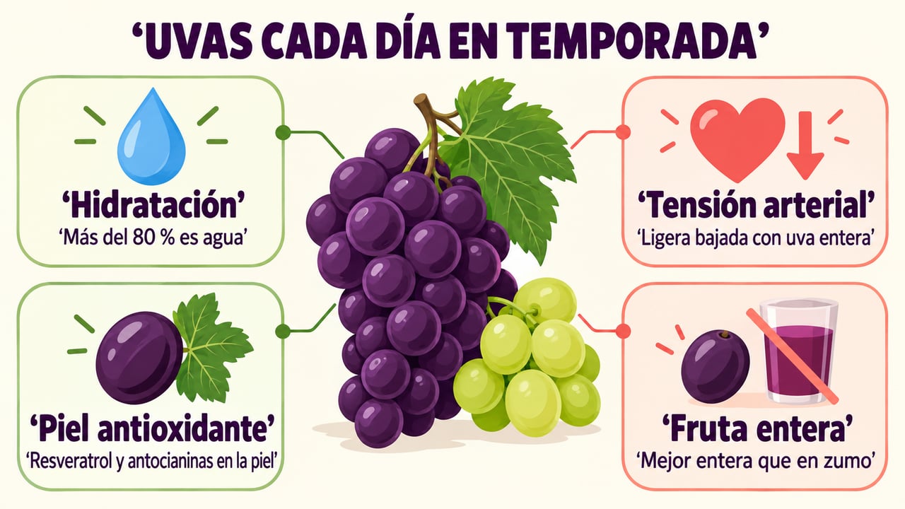 Hidratación, tensión arterial, antioxidantes de la piel y fruta entera: lo que aportan las uvas.
