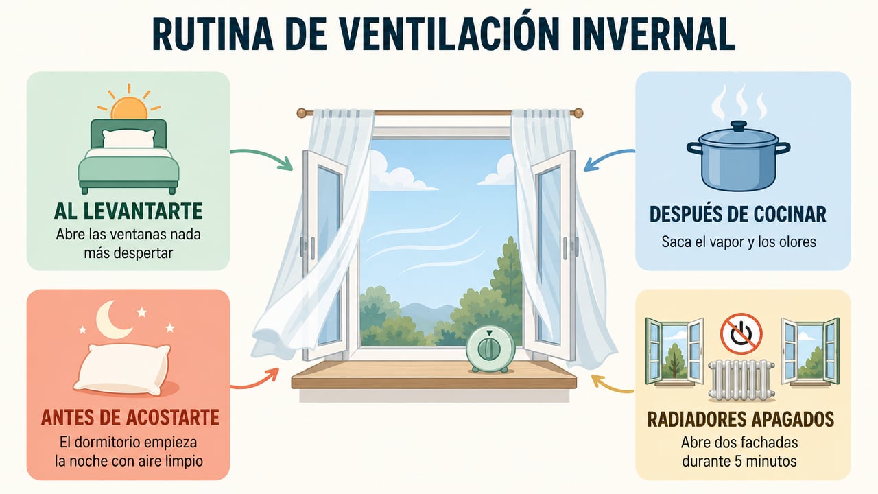 Rutina invernal de ventilación: al levantarte, tras cocinar y antes de acostarte, con radiadores apagados.