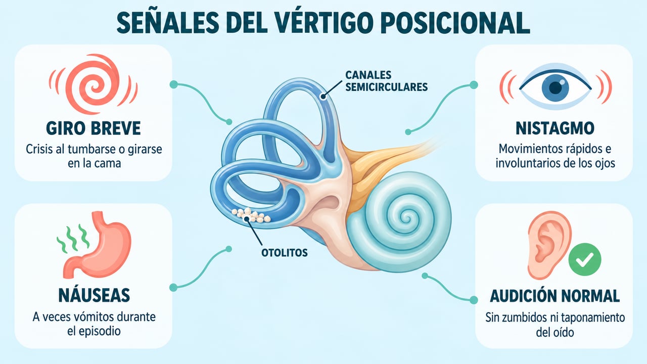 Las señales típicas del vértigo posicional: giro breve, nistagmo, náuseas y audición normal.