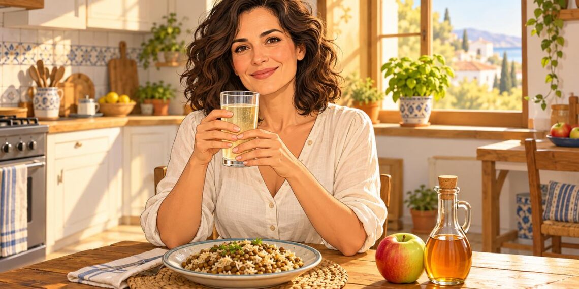 Un vaso de vinagre de manzana diluido antes del plato de arroz y lentejas.