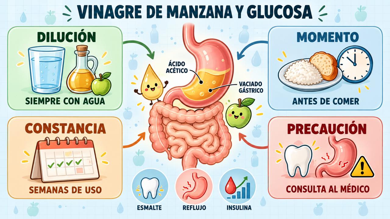 Cuatro claves del vinagre de manzana: dilución, momento, constancia y precaución ante reflujo o medicación.