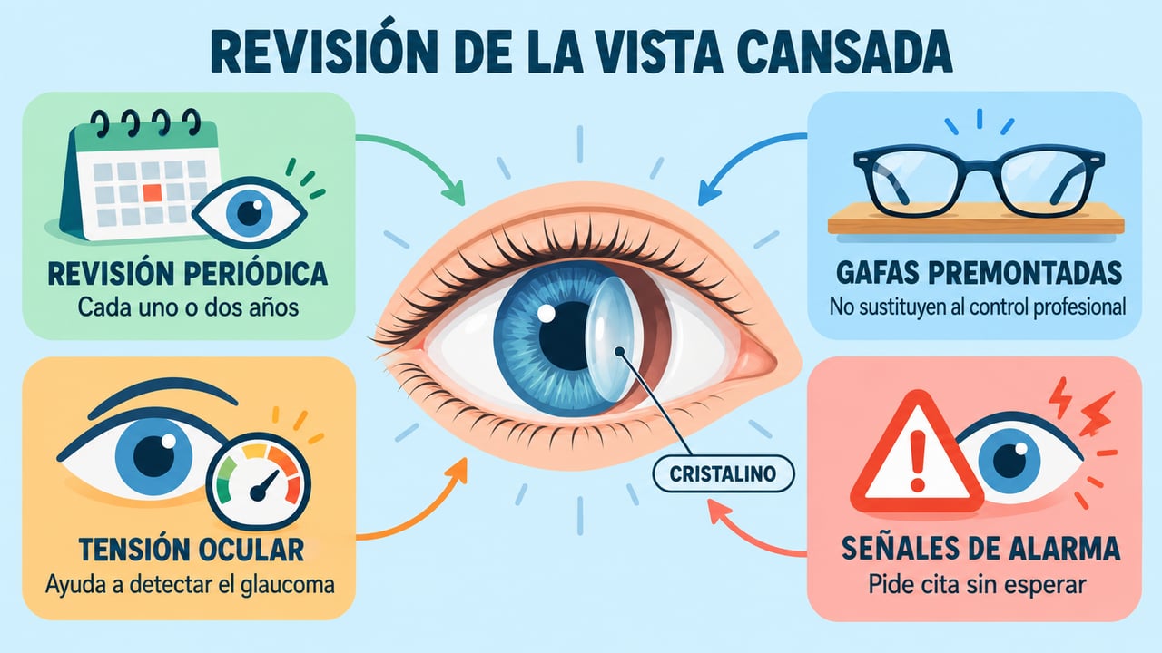 Revisión periódica, cuidado con las gafas premontadas, tensión ocular y señales de alarma que no conviene ignorar.