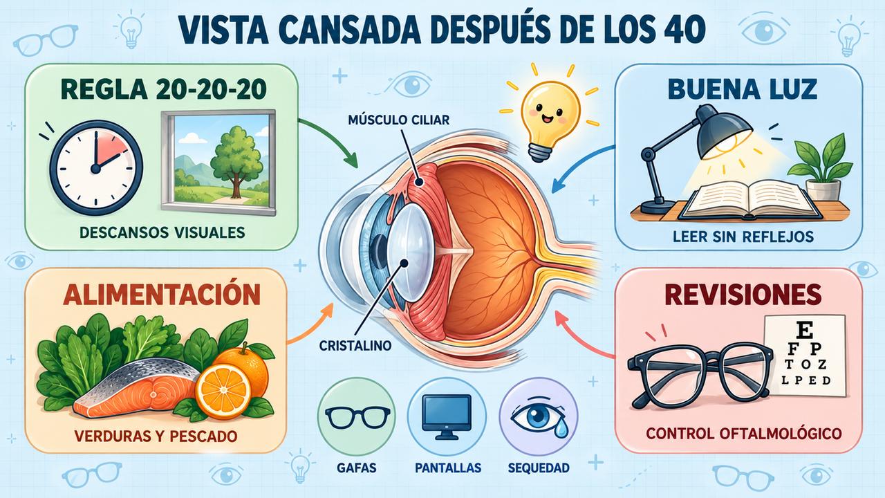 Cuatro pilares para cuidar los ojos con presbicia: descansos visuales, buena luz, alimentación y revisiones.