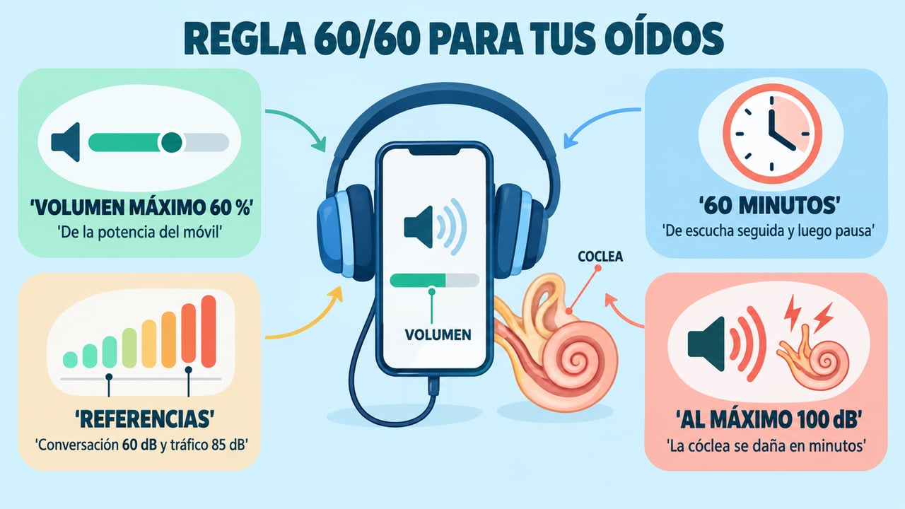 La regla 60/60 limita el volumen al 60 % y la escucha a 60 minutos.