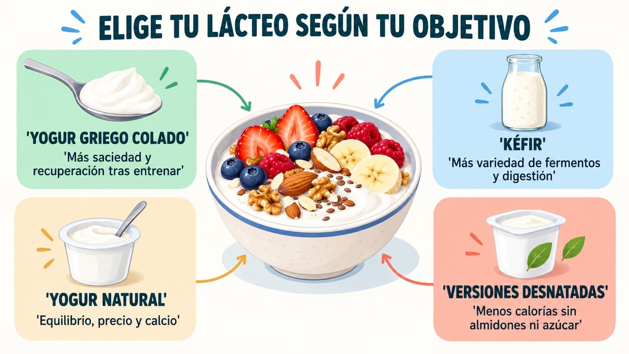 Griego colado, kéfir, yogur natural y desnatado: cuatro opciones según lo que busques en el desayuno.