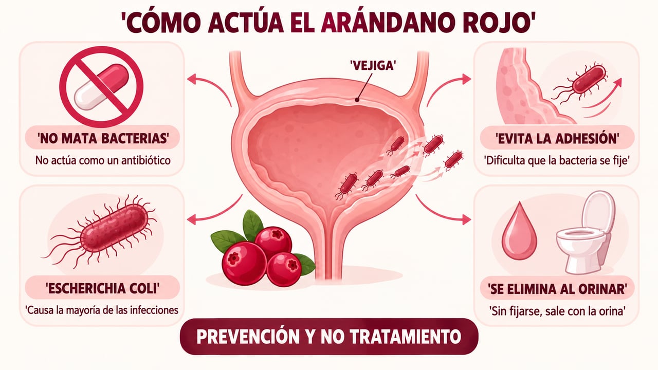 El arándano rojo no mata bacterias: dificulta que la E. coli se adhiera a la vejiga.