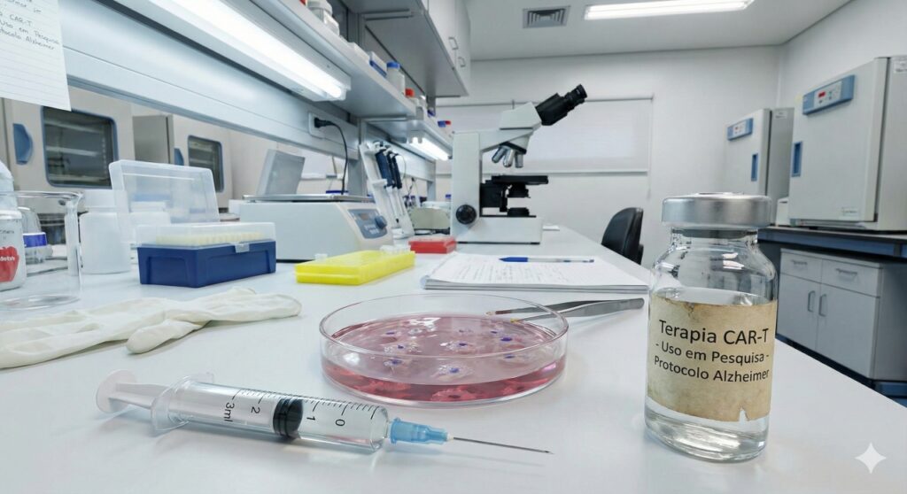 Células em análise ao lado de frasco rotulado "Terapia CAR-T" em ambiente laboratorial, representando o desenvolvimento de novas abordagens imunoterapêuticas para o tratamento da doença de Alzheimer