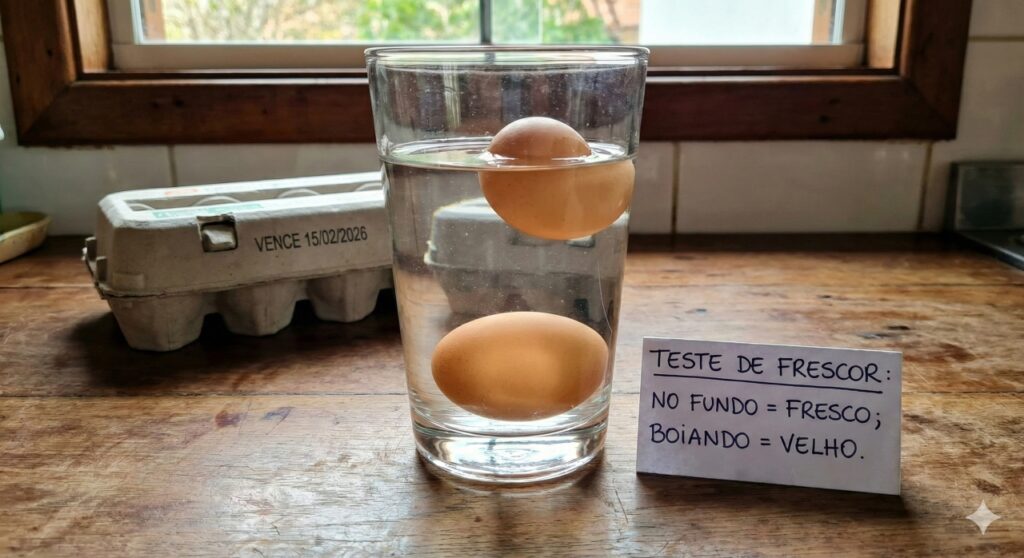 Teste do copo com água ajuda a identificar se o ovo ainda está fresco: quando afunda, está próprio para consumo; se flutua, deve ser descartado.