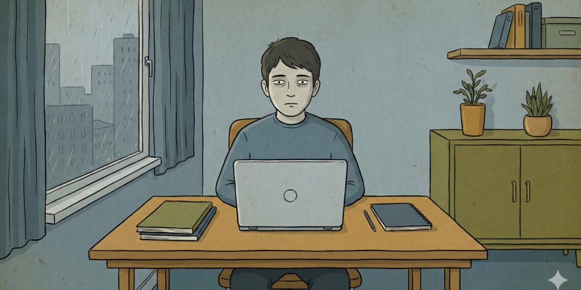 Pessoa diante do computador com olhar fixo e expressão neutra, ilustrando o estado de quem continua cumprindo tarefas mesmo emocionalmente esgotado.