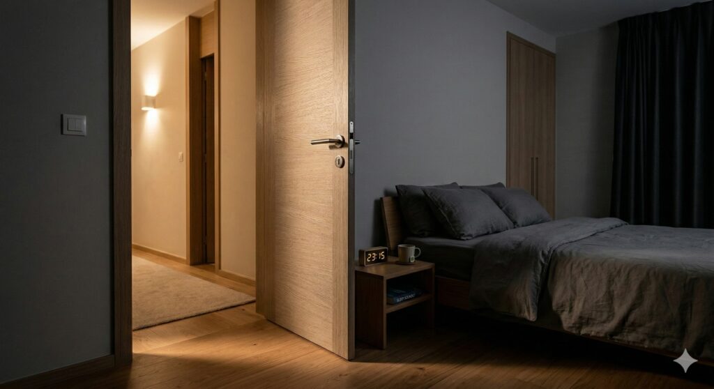 Deixar a porta do quarto entreaberta é uma medida simples que reduz o acúmulo de CO₂ durante a noite.