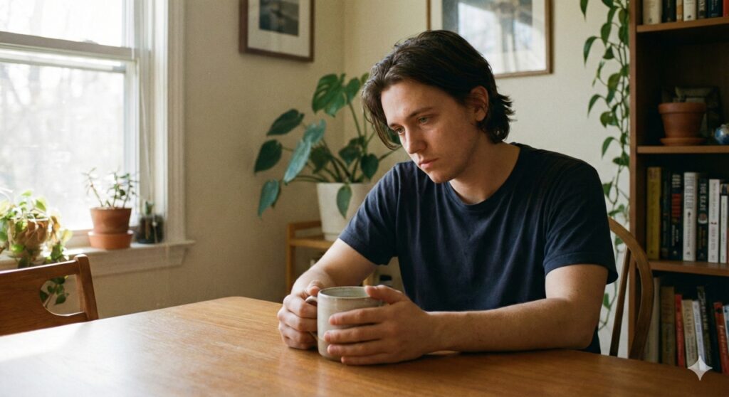 Xícara de café esquecida nas mãos e olhar distante revelam um dos sinais sutis da exaustão emocional silenciosa.