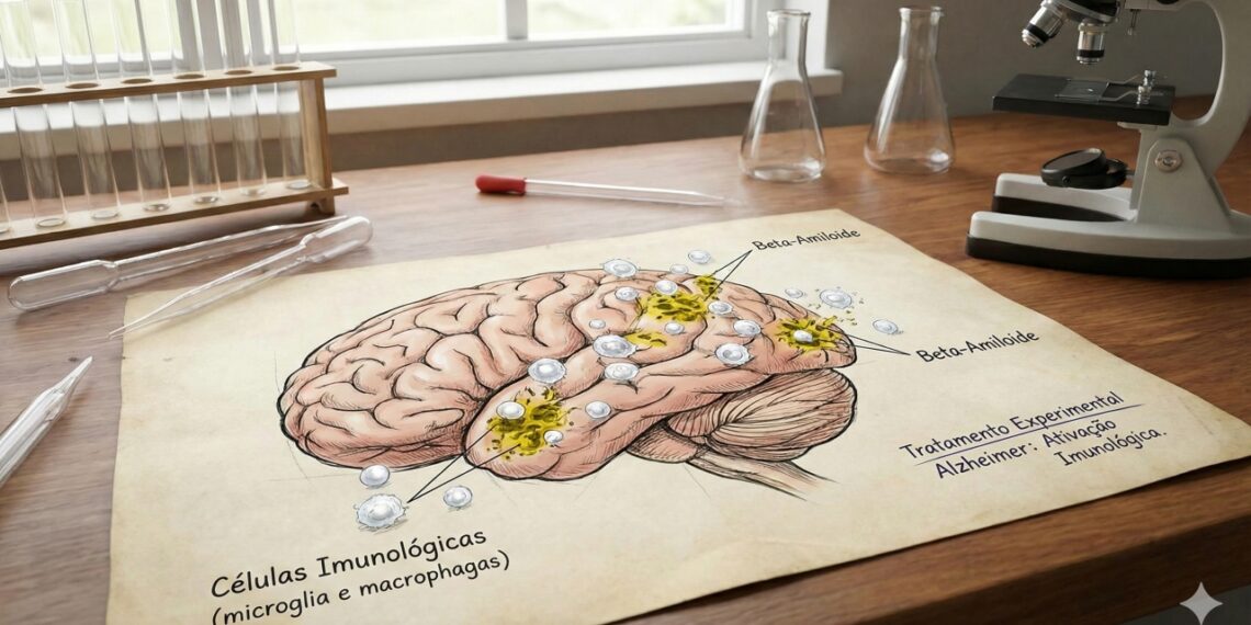 Representação de cérebro humano em laboratório com placas de beta-amiloide sendo alvo de células imunológicas modificadas, ilustrando o avanço da terapia CAR-T contra a doença de Alzheimer