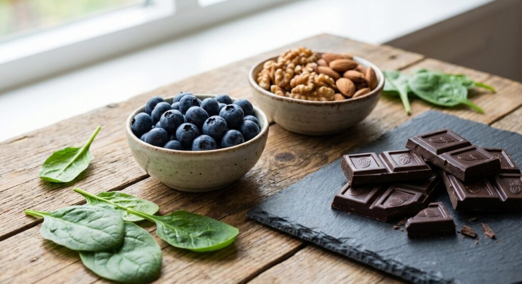 irtilos, nozes, espinafre e chocolate amargo concentram antioxidantes, vitamina E e flavonoides que combatem o declínio cognitivo e otimizam a função da memória naturalmente.