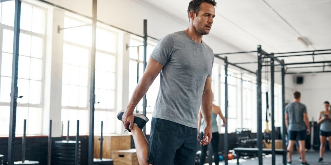 Alongamento de quadríceps em pé com técnica correta: estabilização do core, joelhos alinhados e postura equilibrada. Esse exercício melhora a amplitude de movimento e prepara os músculos para treinos de alta intensidade.