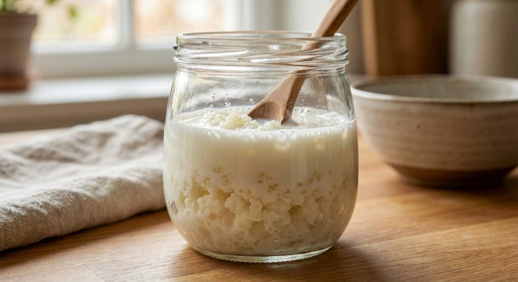 Grãos de kefir vivos prontos para fermentar: a comunidade simbiótica de bactérias e leveduras que cuidam do seu intestino.