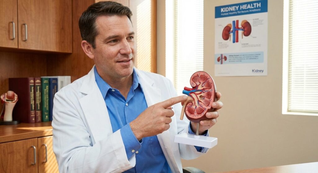 Médico nefrologista explica a estrutura interna do rim — órgão que pode perder função silenciosamente com o envelhecimento.