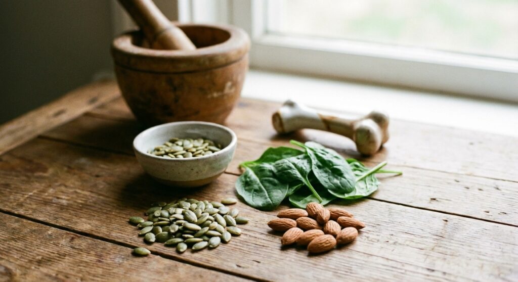 Fontes naturais de magnésio: sementes de abóbora, amêndoas e vegetais verde-escuros fortalecem seus ossos diariamente.