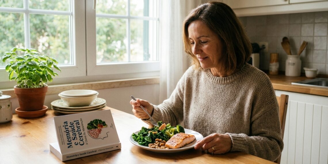 Alimentação equilibrada com peixes ricos em ômega-3, vegetais verde-escuros e oleaginosas fornece nutrientes essenciais para fortalecer a memória e proteger a saúde cerebral ao longo da vida.