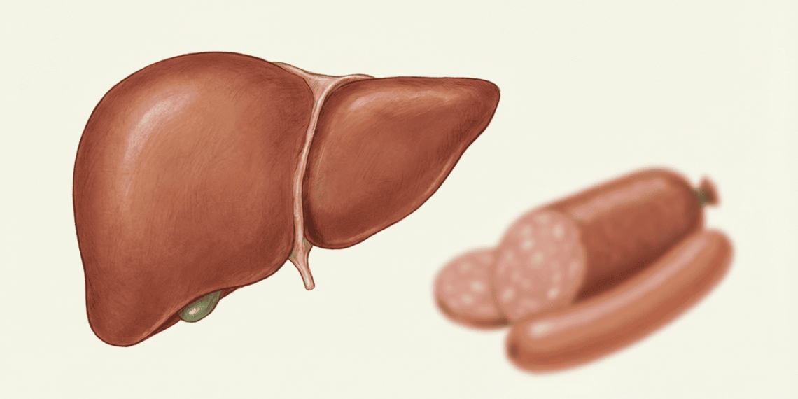 Quais são os efeitos do consumo de linguiça, presunto, chouriço e outras carnes processadas em pessoas com doença hepática gordurosa?