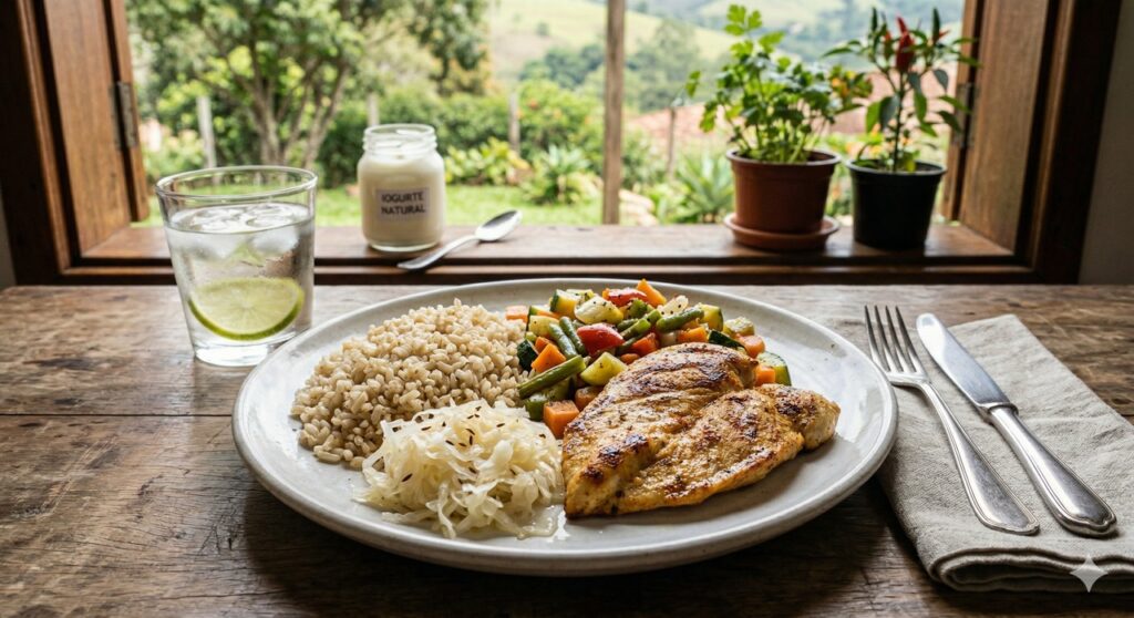 Almoço com alimento fermentado em porção prática para favorecer a digestão e reduzir o inchaço.