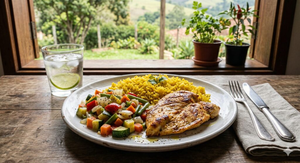 Prato com cúrcuma, legumes e frango em combinação associada ao cuidado com o fígado.