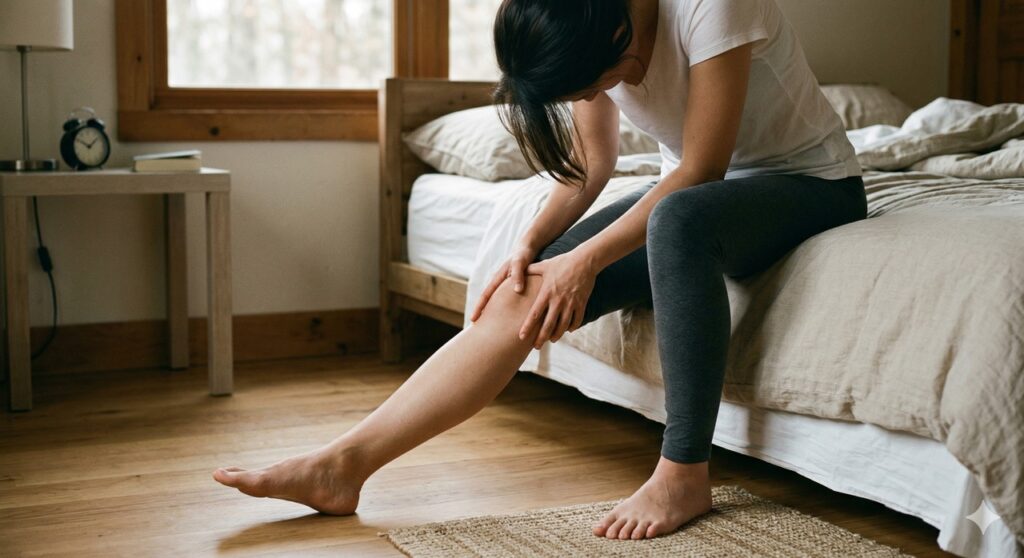 Movimento suave nas pernas ao sair da cama ajuda a reduzir a rigidez articular matinal.