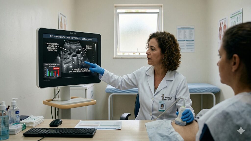 Médica aponta para exame na tela mostrando dados e imagens do intestino enquanto orienta paciente.