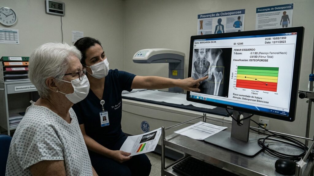 Profissional de saúde mostra exame ósseo em tela para paciente idosa durante atendimento.