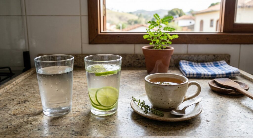 Água, água com limão e chá de quebra-pedra em cena associada à prevenção de pedras nos rins.