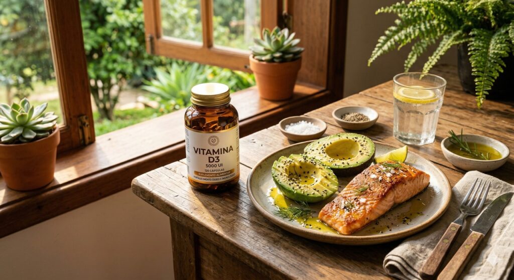 Suplemento de vitamina D ao lado de uma refeição com gordura, combinação que favorece a absorção.