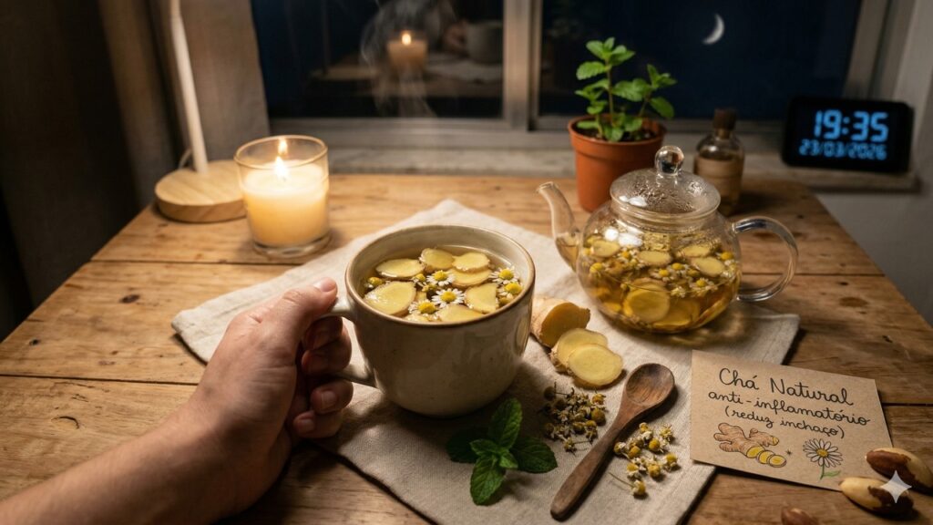 Xícara e bule com chá de ervas, gengibre e camomila sobre mesa à luz de vela.